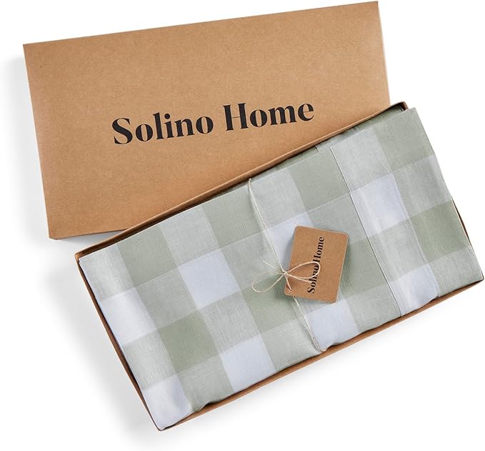 Solino Home Linen Checkered Table Runner 108 Inches Long - 100% Pure Linen Sage and White Buffalo Check Table Runner 14 x 108 Inch Ideal for Dining, Winter, Spring, St Patricks Day, Easter