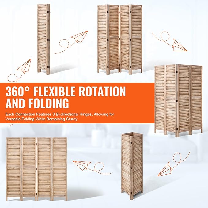 VEVOR Wood Room Divider, 4 Panel Wood Folding Privacy Screen, 66.9 Inches Tall Indoor Louvered Wooden Partition, Portable Decoration Screen, for Room Separation, Home, Office, Restaurant & Bedroom