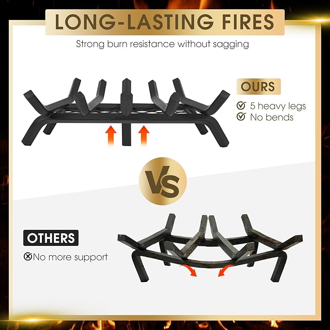 G GOOD GAIN Fireplace Grate with Ember Retainer, 20" Heavy Duty Steel Indoor, Chimney Hearth Wood Stove Burning Rack Holder,1/2 Bar Fire Place Asseccories for Outdoor, Fire Pits, Camping.