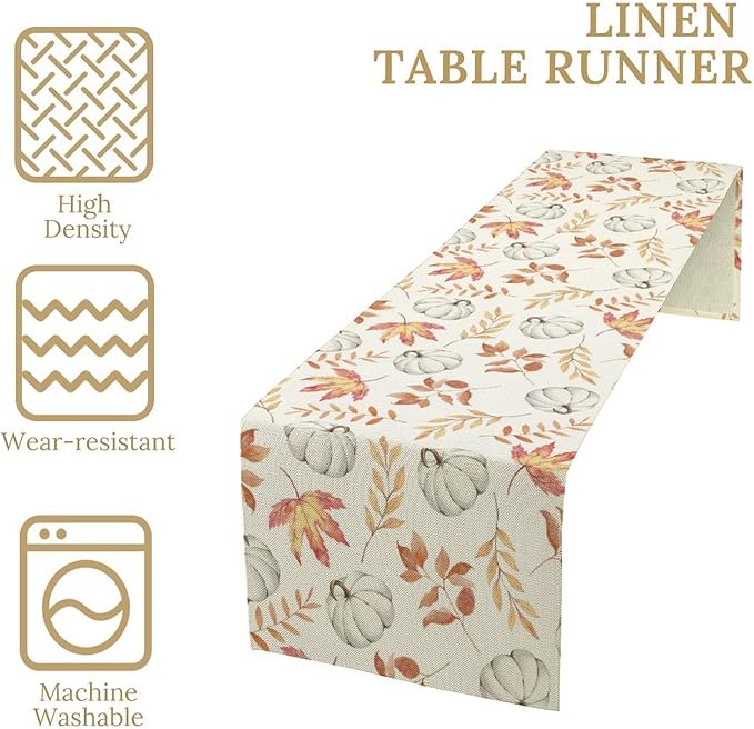 Autumn Pumpkin Table Runner, Watercolor Fall Maple Leaves Pumpkins Harvest Thanksgiving Table Runner for Holiday Dining Room Kitchen Table Party Decor, 13x70inch