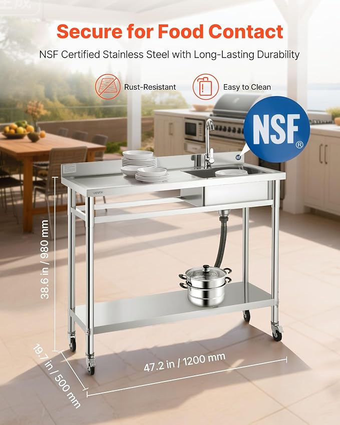 VEVOR Stainless Steel Utility Sink, Rolling Single Bowl Commercial Kitchen Sink with Wheels,Faucet and Hot & Cold Water Pipe,Utility Basin Workbench for Garage Restaurant Laundry 47.2 x 19.7 x 41.5 in