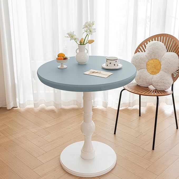Round Fitted PU Tablecloth with High Elastic Edge 63 Inch Dia Waterproof Oil Proof Table Cloth Anti-Scald Stain-Resistant Wipeable Table Cover for Indoor Outdoor Picnic (Blue,63" Dia)