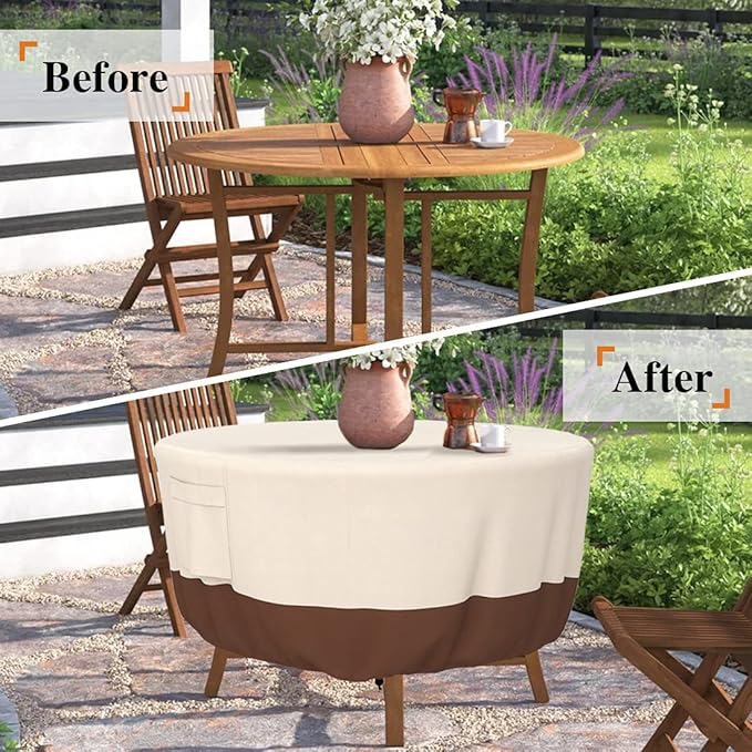 Tuyeho Patio Table Cover, Heavy Duty Round (96D x 28H Inch), Outdoor Dining & Coffee Table Cover, Waterproof, Weather Resistant, Anti UV - Beige & Brown