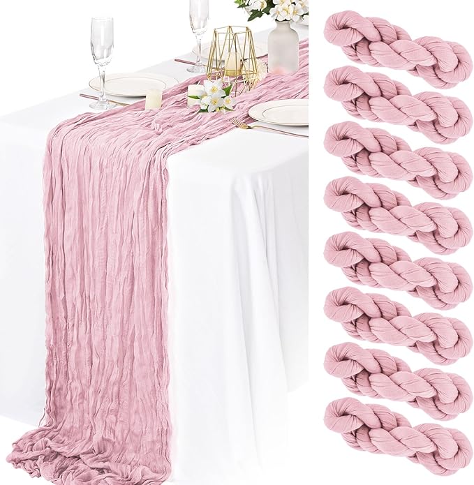 8 Packs Cheesecloth Table Runner 10FT Long Boho Gauze Fabric Table Runner Vintage Rustic Sheer Runners for Wedding Party Bridal Baby Shower Table Decorations (Light Pink)