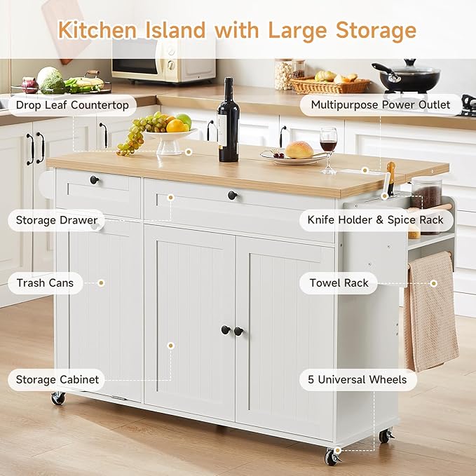 60" Kitchen Island with Power Outlet & Drop Leaf, Kitchen Rolling Island with Spice Rack & Towel Rack, Knife Holder, Kitchen Island Cart with Trash Storage Cabinet, Mobile Island Table for Kitchen