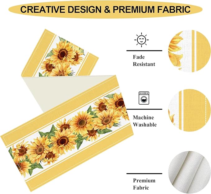 Yellow Sunflower Table Runner, Rustic Farmhouse Summer Sunshine Boho Floral Bee Rural Cottage Watercolor Decorations Table Decor for Home Kitchen Dining Patio Indoor Outdoor Cafe, 13"x36" Inch