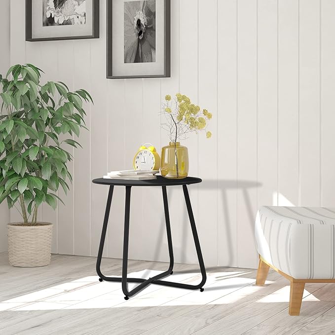 Patio Small Side Table Waterproof Round Metal Steel Weather Resistant Portable Outdoor and Indoor End Table for Garden Balcony Yard, Black