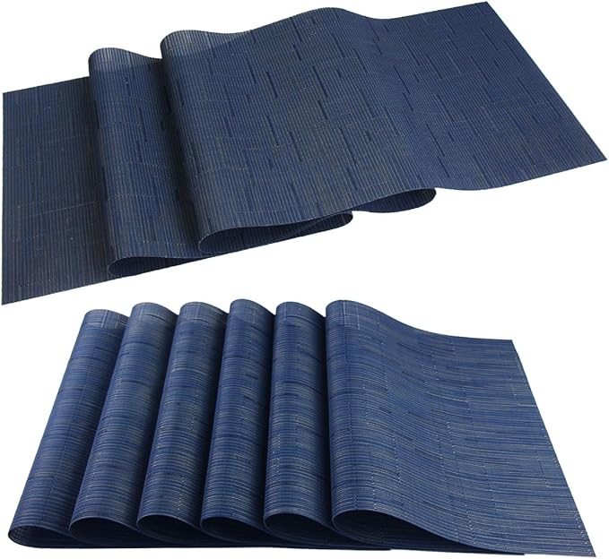 PIGCHCY Elegant Placemats with Matching Table Runner,Washable Durable Durable Vinyl Woven Table Mats Sets(6pcs Placemats+1pcs Table Runner,Same Style,Navy Blue)