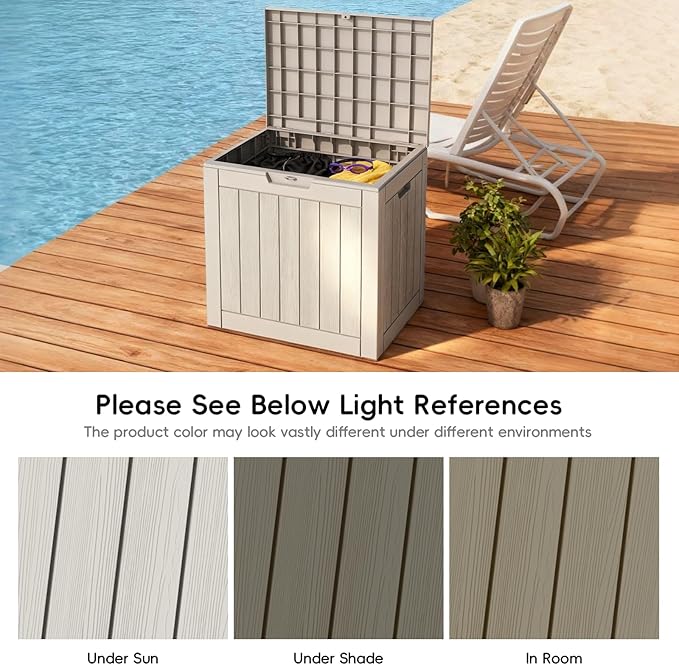 Mars Villa 31 Gallon Deck Box, Waterproof Weatherproof and UV Resistant Resin Storage Bin with Lockable Lid, Ideal for, Outdoor, Patio Furniture Cushions, Pool Supplies, Garden Tools, Greige