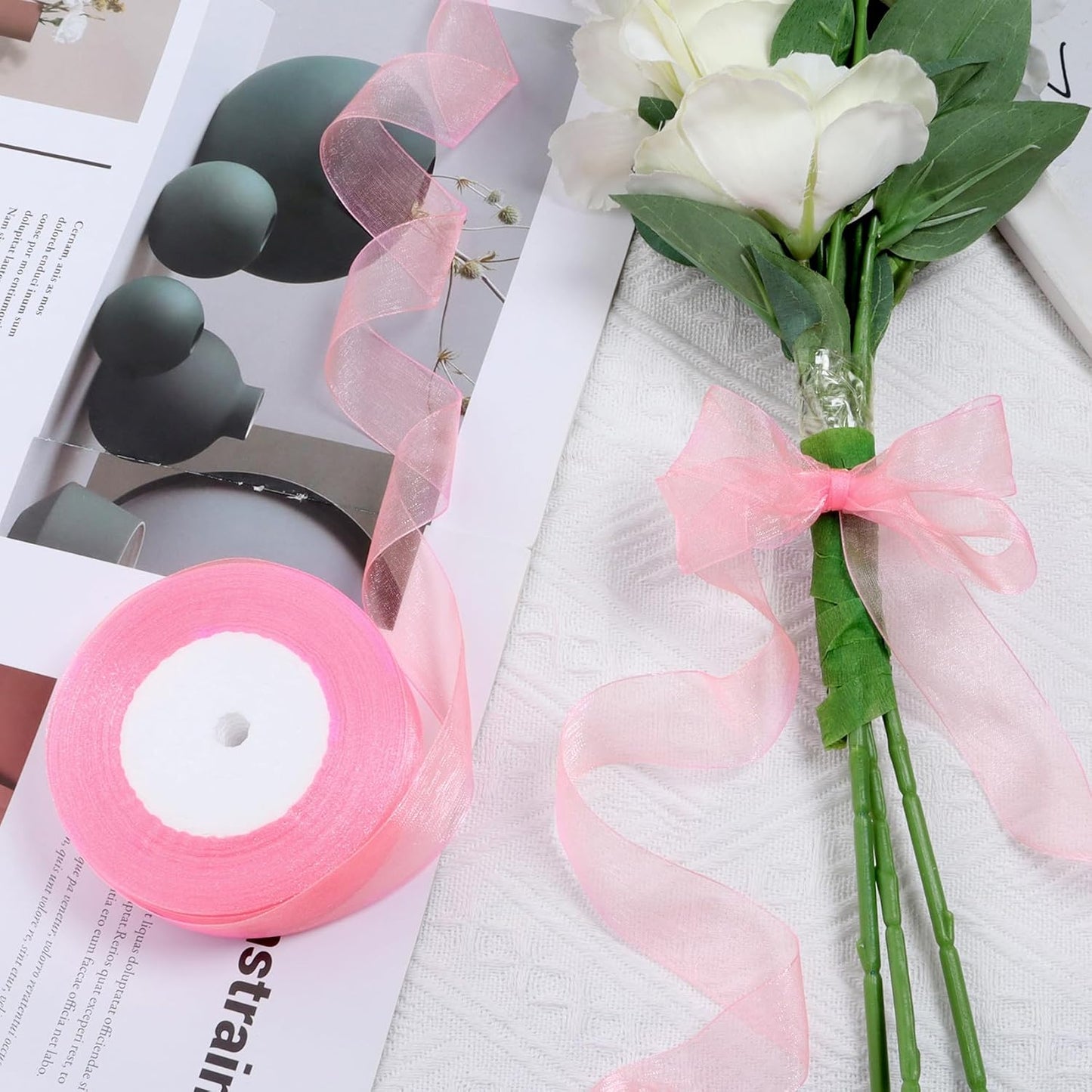 Ribbon for Gift Wrapping 3/4 inch Pink Sheer Organza Ribbon for Flower Bouquet Tulle Thin Chiffon Ribbons for Wedding Invitations Christmas Halloween Presents Decorations Crafts 50 Yards