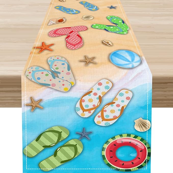 Blue Sea Waves Starfish Table Runner, Tropical Summer Flower Clear Sea Water Coffee Table Center Decor for Family Kitchen Wedding Party and Living Room Farmhouse Table Decorations, 13" X 36"