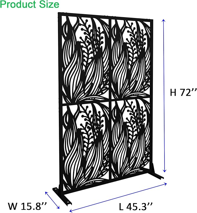 Metal Privacy Screen Room Divider 72" H x 45.3" W, Free Standing Decorative Panel with Bird Design for Indoor Outdoor Use, Black Iron Partition for Patio Balcony Garden (Leaf Black)