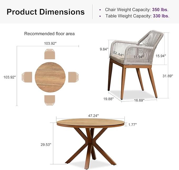 PURPLE LEAF 5 Pieces Patio Round Dining Set Aluminum Oversize Round Table and Rattan Arm Chairs with Cushions for Kitchen Porch Garden Modern Outdoor Furniture Sets