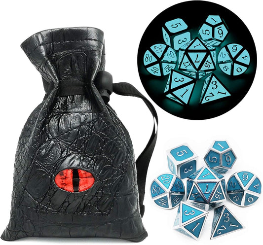 Haxtec Glow in The Dark Metal Dice Set D&D Glowing Blue Silver W/Dragon Dice Bag 7 Die D&D Dice Set Compatible with Dungeons and Dragons RPG