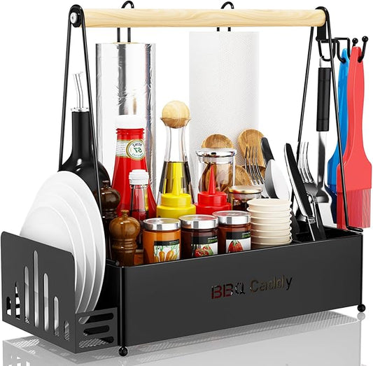 Grill Caddy, BBQ Caddy for Outdoor Grill with 2 Paper Towel Holders, Picnic Condiment Utensil Caddy, Camping Essentials, RV, Tailgating, Grilling Accessories, Camping Kitchen, Gifts for Men