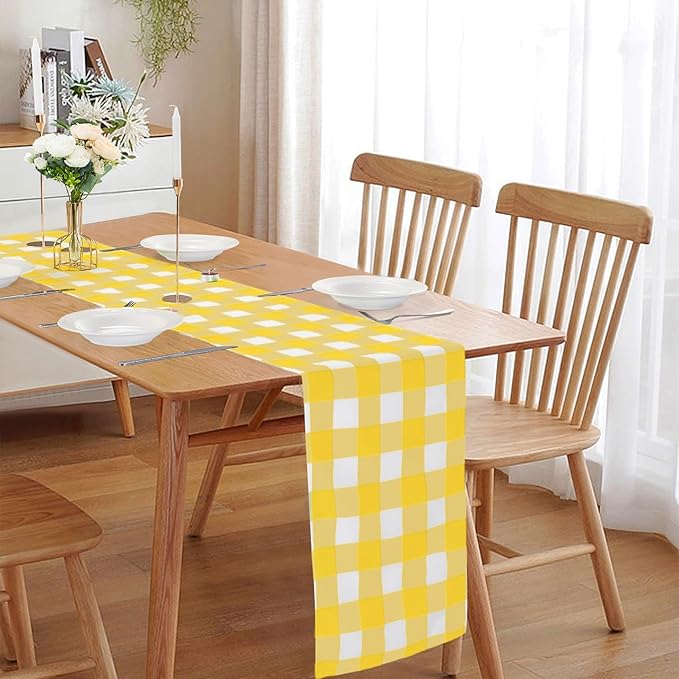 Fabric Checkered Table Runner 6 Pack Waterproof Gingham Table Runner 14W x 108L Buffalo Check Table Runners for Parties Kitchen Dining Wedding Banquet (Yellow and White)