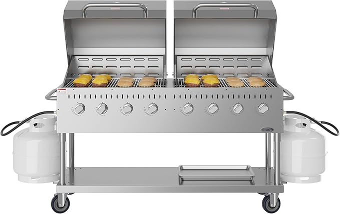 60 in. 8-Burner Commercial Outdoor Propane Gas Grill with 2 Roll Dome Covers in Stainless-Steel, ETL Listed (CGKIT6-D30D30)