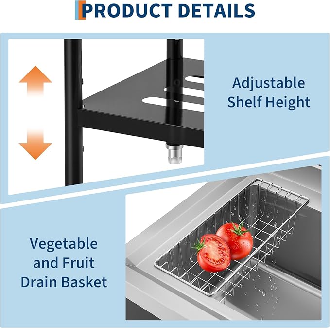 Stainless Steel Utility Sink, 36 x 20 x 35.5 Inch Freestanding Commercial Sink, Adjustable Leg with Hot and Cold Water Faucet, Hoses and Drain Kit, for Kitchen, Garage, Bathroom, Outdoor Use Black