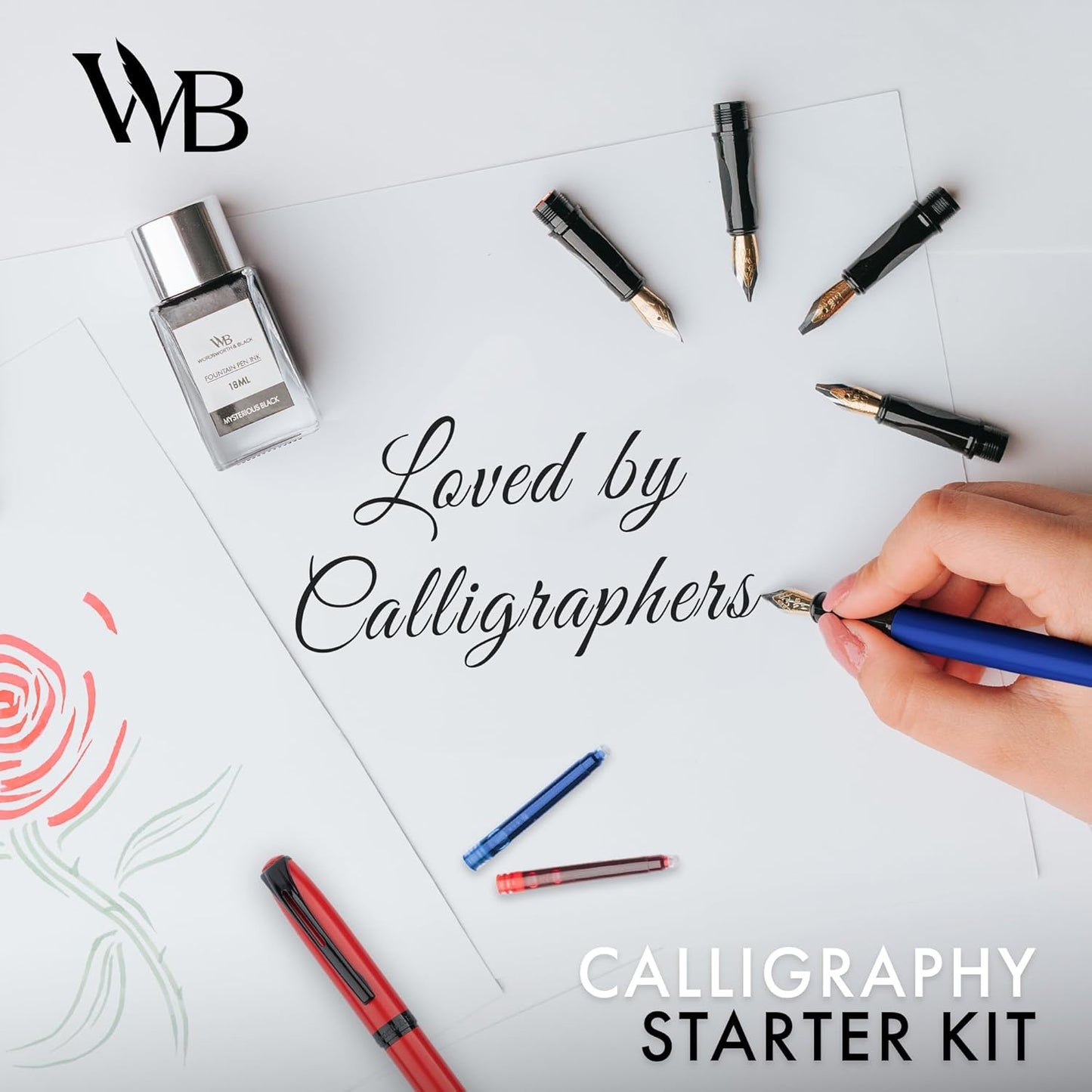 Wordsworth and Black Calligraphy Pen Set - Blue - Includes 2 Calligraphy Pens, 18 ML Ink Bottle, 60 Ink Cartridges, Ink Refill Converter, 1 Medium and 4 Broad Nibs, Brush Pen