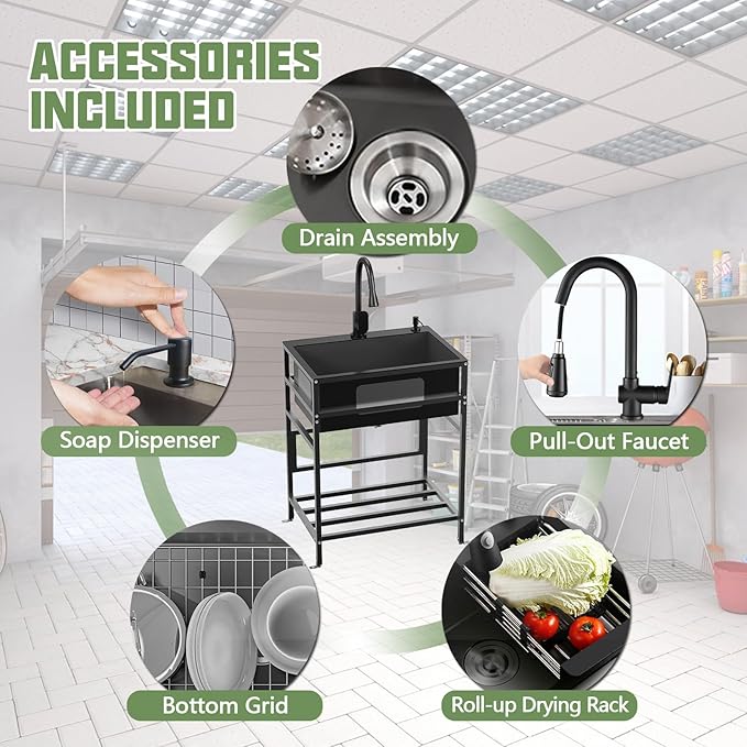 Black utility sink, 25x18 Inch Stainless Steel Freestanding Laundry Sink Practicality With Accessories-Black Faucet,Soap Dispenser, SS Sink Grid, Colander For Laundry,Garage,Outdoor Kitchen,Garden...