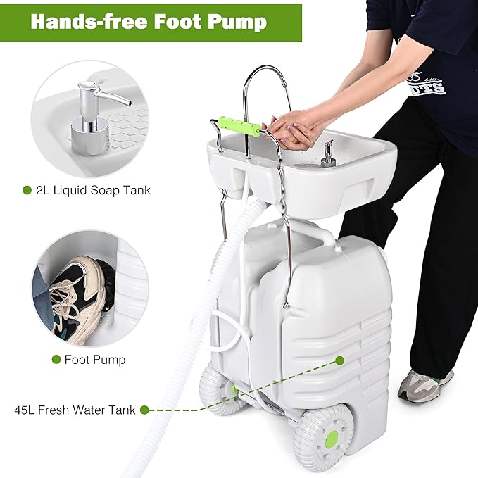 Yescom 45L Portable Sink Hand Wash Station with Foot Pump & Wheel 12Gallon Camping Sink with Soap Dispenser for Washing Hands, Fruits Ideal for RV Travel Outdoor Picnic Barbecue Party Food Booth