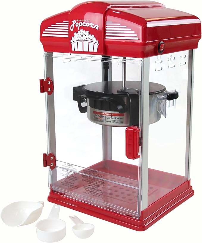 West Bend Stir Crazy Movie Theater Popcorn Popper, Gourmet Popcorn Maker Machine with Nonstick Popcorn Kettle, Measuring Tool and Popcorn Scoop for Popcorn Machine, 4-Qt., Red