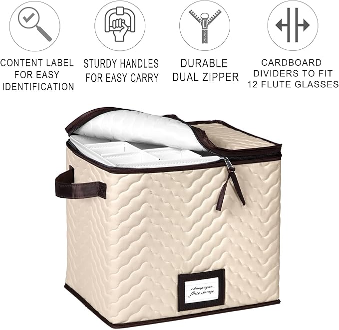 Wine Glass Storage Box with Dividers - Stemware Storage Case, Durable Quilted Microfiber Bin with Carry Handles, Protects Fine China - (1 Pack, Champagne Flute)