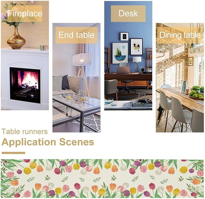 Tulips Spring Table Runner, Rustic Farmhouse Watercolor Botanical Colorful Tulips Olive Leaves Summer Garden Table Cover For Kitchen Dinning Table Indoor Outdoor Party Wedding Decor, 13x36inch