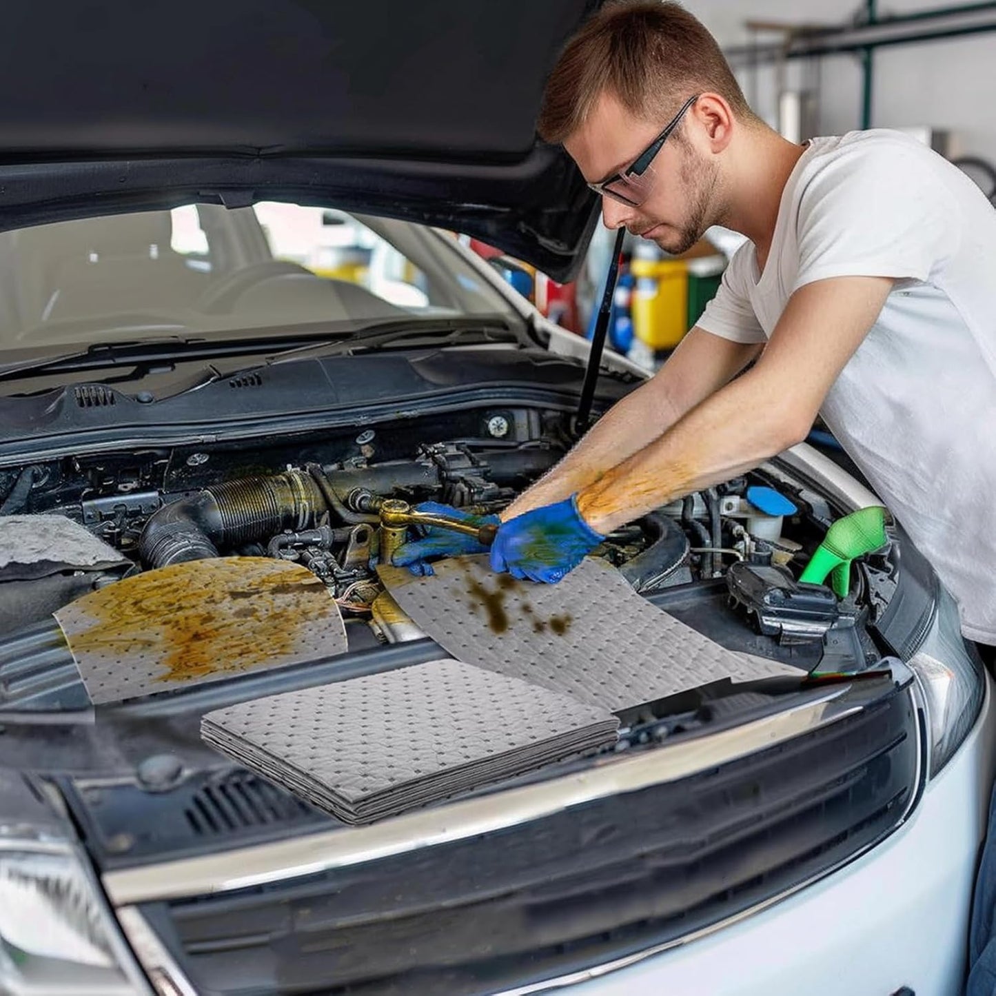 100 Pcs Oil Absorbent Pads - 10"x13" Oil Spill Mats for Garage, Workshop & Auto Repair, Reusable, Fast Cleanup for Oil, Grease & Coolant (Grey, Boxed)