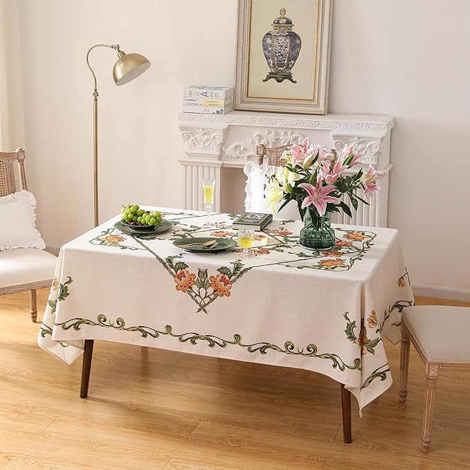 patdrea Designer Linen Rectangle Tablecloth,Vintage French Floral Tablecloths,Wrinkle Free Table Cloth,Decorative Table Cover Cloth for Kitchen,Dining,Tea Party,Home,Christmas,55"*87"