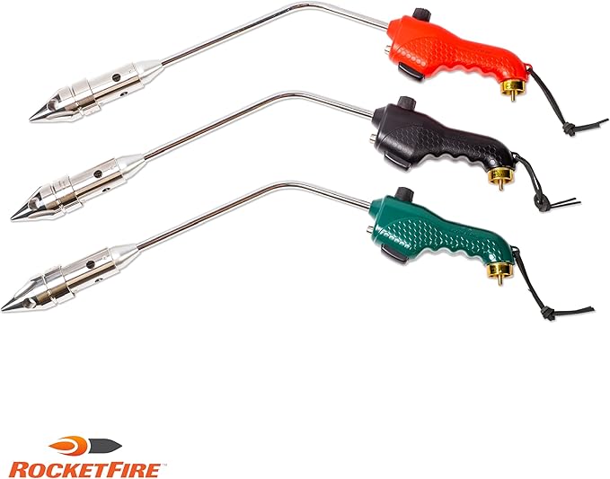 ROCKETFIRE Fire Starter Torch | Perfect Propane Torch Head, Grill Gun, Charcoal Torch | Compatible with Bernzomatic Propane & MAP/PRO Fuels | Stainless Steel Tri-Flame Tip | Fuel NOT Included | Red