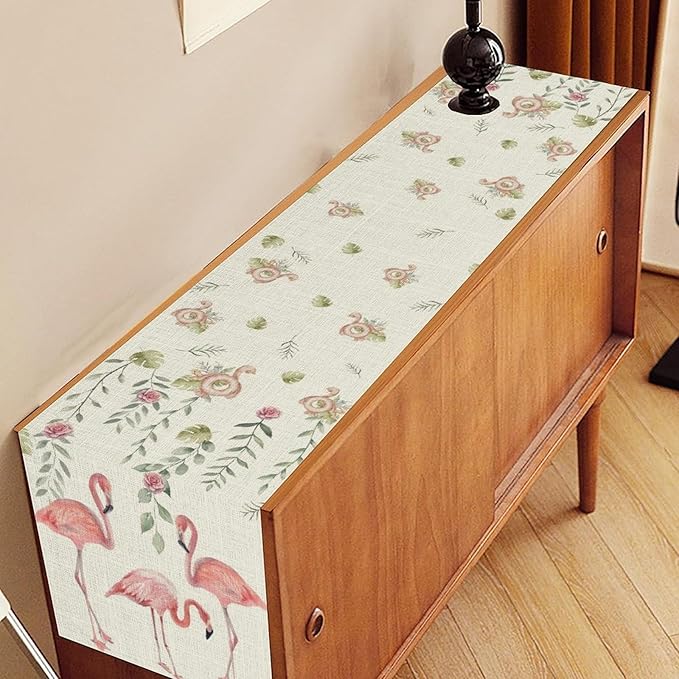 Flamingo Table Runner,Rustic Boho Grey Leaf Pink Rose Floral Tropical Bird Pattern Table Center Decor for Family Kitchen and Living Room Outdoor Farmhouse Party Table Decorations, 13"x90"