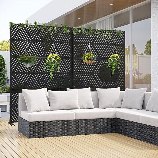 Casaphoria Metal Privacy Screen Outdoor, 72" H x 47" W Freestanding Decorative Privacy Screen for Patio Deck Balcony Garden with Stable Base, Triangular Black