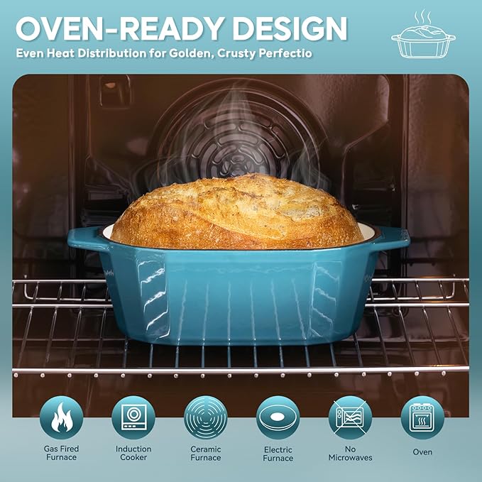 Enameled Cast Iron Dutch Oven for Bread Baking – 3QT Oval Round Heavy Duty Bread Pan with Lid, Non-Stick Ceramic Coating,Loaf Cast Iron Bread Oven for Sourdough, Baking, Roasting, Braising, Stovetop & Oven Safe