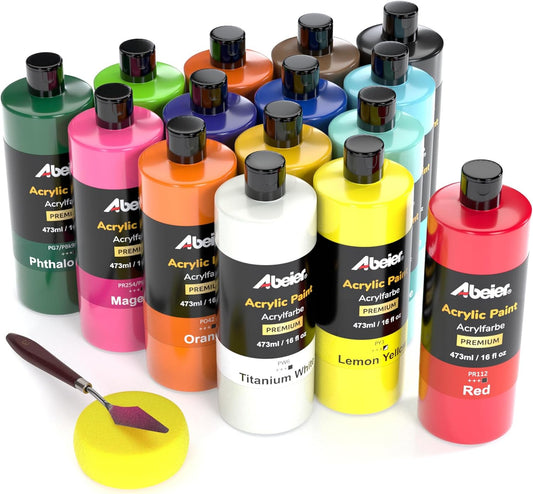 ABEIER Large Bulk Acrylic Paint Set, 15 Colors (473 ml/16 fl oz), Matte Finish, Rich Pigments, Non-Toxic Paints for Painting on Canvas Crafts Wood Ceramic, Ideal for Beginners and Students