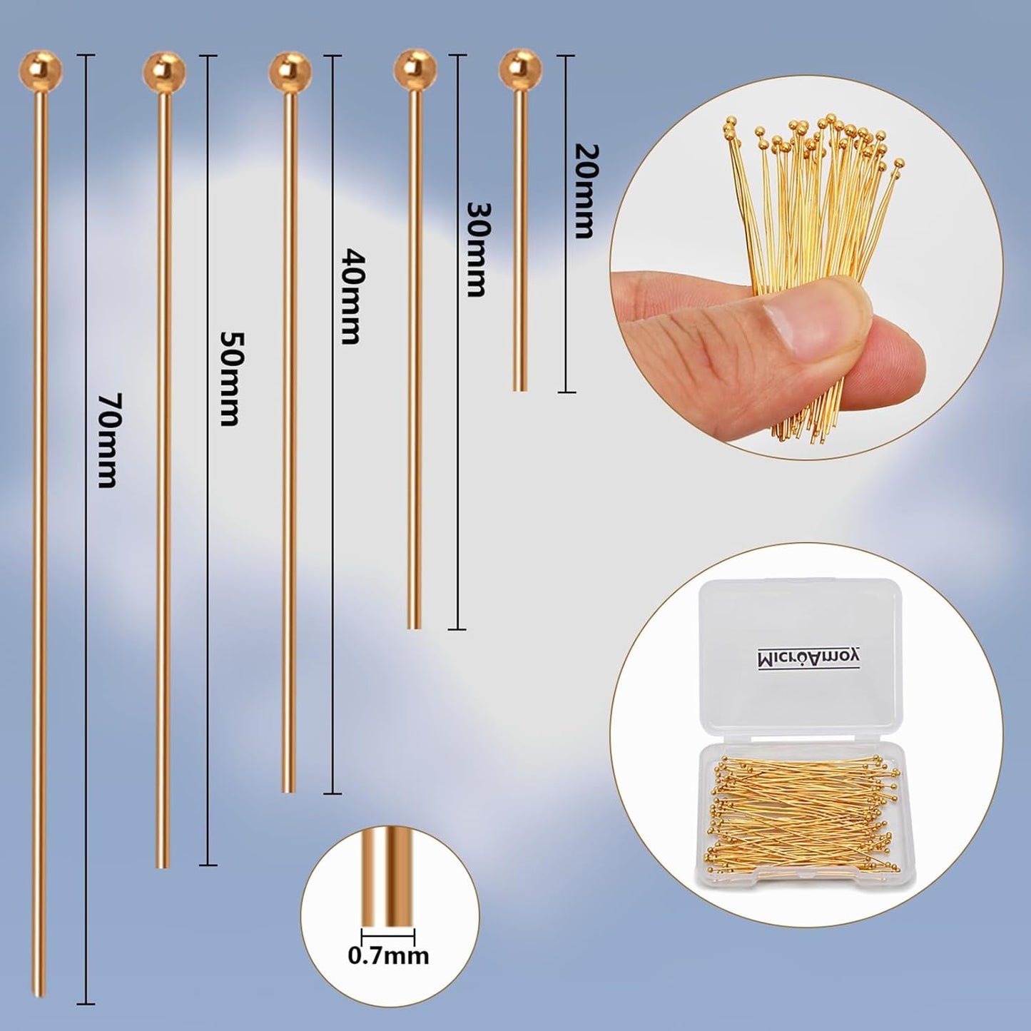 150pcs 18K Gold Filled Ball Pins Non Tarnish Craft Earring Bracelet Jewelry Making Accessories Supplies (40mm (1.57in), Gold-Ball Pin)