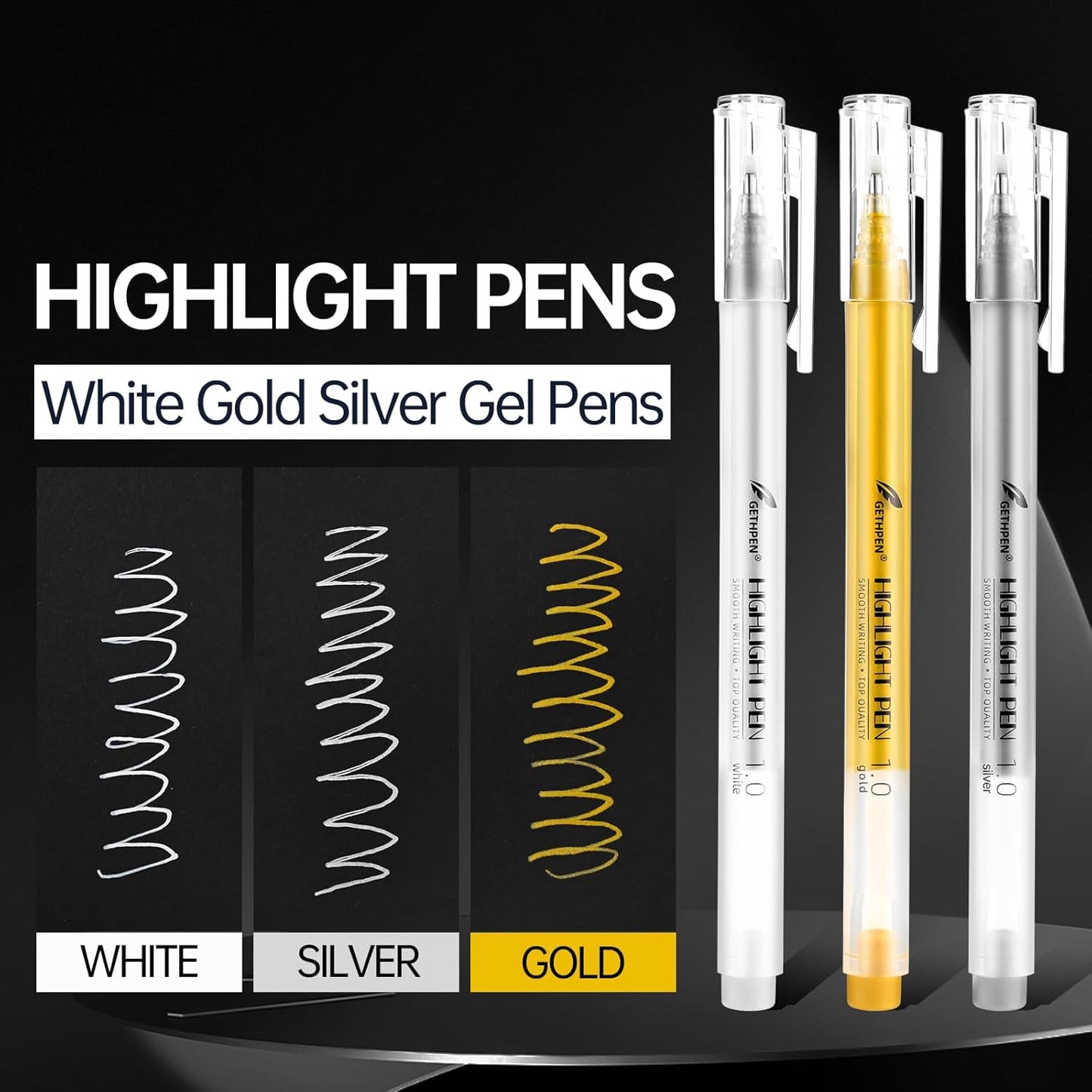 Gold Gel Pens, 1.0 mm Extra Fine Point Gel Ink Pens, Opaque Gold Archival Ink Pens for Black Paper Drawing, Sketching, Card Making, White Gel Pen for Artists Drawing, 3 Pack