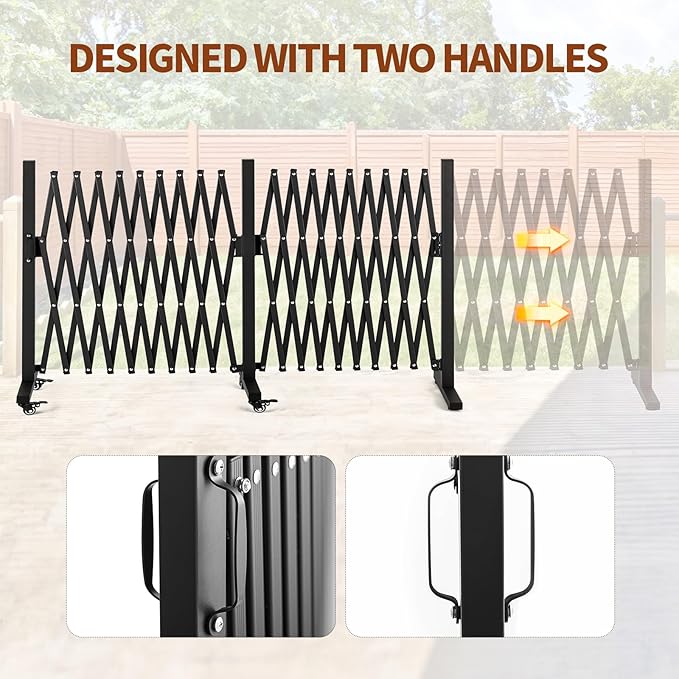 TECSPACE Aluminum Expandable Garden Fence, Portable Barricade Gate with Casters, Expansion Size 201×15.2×40.6 inches, Adjustable Flexible Fence Mobile Barricade Safety Barrier