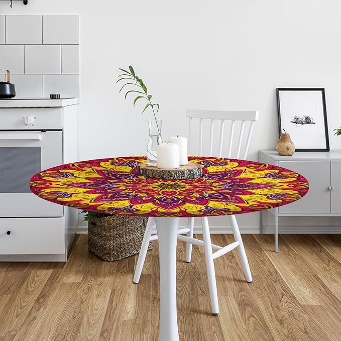 Floral Mandala Vintage Round Table Cloth Cover, Elastic Edge Waterproof Wipeable Tablecloths 36"-42" Polyester Tablecloth for Party Restaurant Banquet Holiday Camping Outdoor Picnic