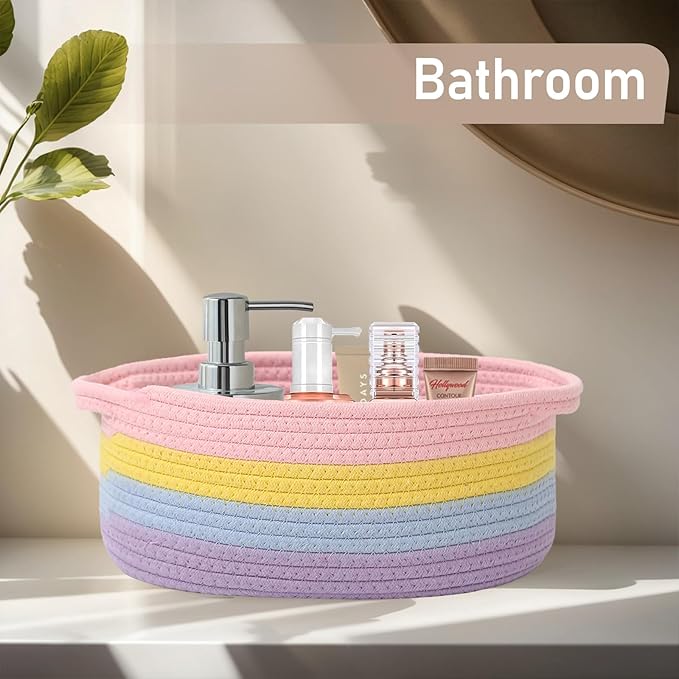 Woven Basket,Small Rope Storage Bin with Handles & Ribbon Bag, Organizer for Shelves Closets,Gift Basket Empty for Birthday,Books,Dog Toys, Rainbow/3 Pack