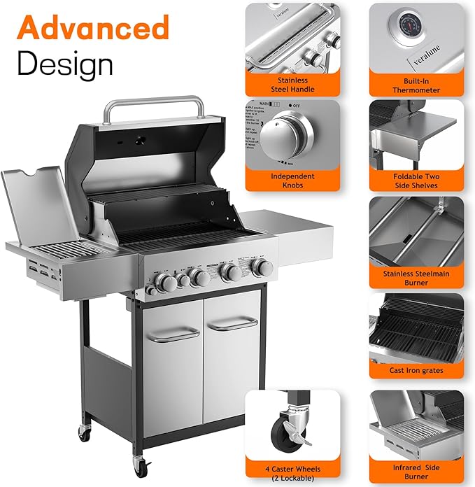 Veralune 4 Burner Gas Grill with Infrared Side Burner, Porcelain-Enameled Cast Iron Grates and Lockable Wheels, 55,000 BTU Output Stainless Steel Propane Grill for Backyard, Patio, Garden Cooking