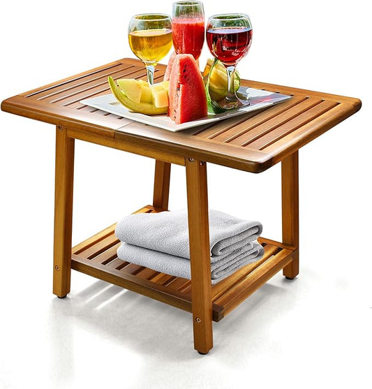 ENKEZI Acacia 24 Inches Outdoor Side Table, 2-Tier Sturdy Patio, End Table Weather Resistant, Strong Stability Side Table for Patio, Pool, Porch, Teak Finish (Acacia Brown)
