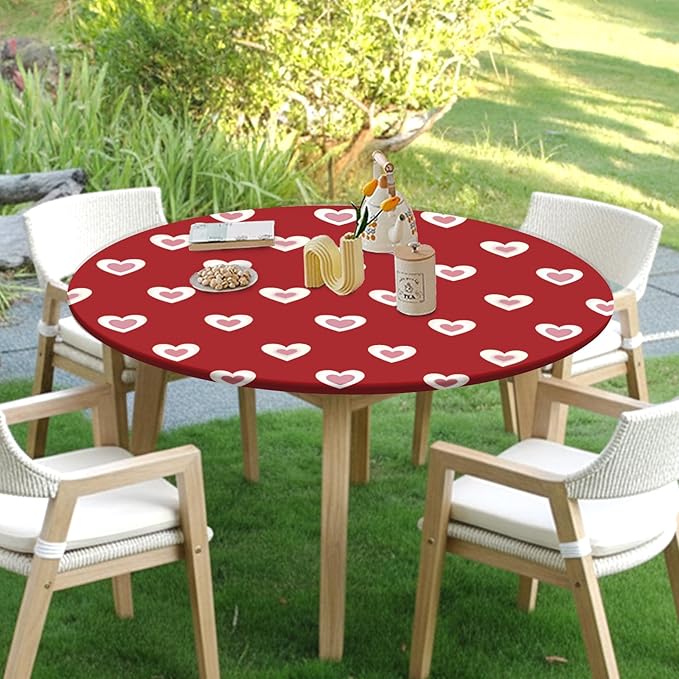 Valentines Day Round Fitted Tablecloth with Elastic Red Pink Heart Circle Table Cloth for 48-52" Round Tables Wipeable Waterproof Washable Burgundy Valentine Table Cover for Picnic Dining Party Decor