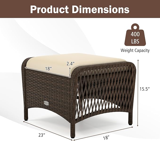 Tangkula 2 Pieces Outdoor Patio Wicker Ottomans with Removable Cushions, Outside Footrest for Additional Seating, Footrest and Side Table, for Porch, Garden and Backyard