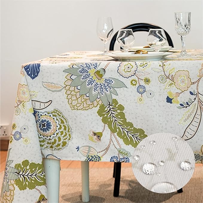 Spring Summer Ourdoor Table Cloth, Spillproof Waterproof Rectangle Tablecloth, Polyester Cotton Fabric Block Print Dining Table Cover for Easter Farmhouse Ourdoor 108''x60'' - Green Flowers