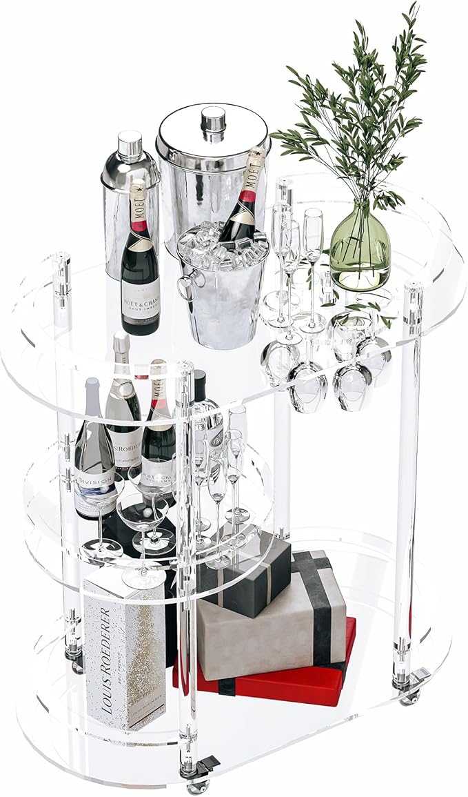 Dethan Acrylic Bar Cart with 4 Lockable Wheels, Clear 3-Tier Rolling Serving Cart with Glass Holder, Oval Modern Home Beverage for Kitchen, Dining Living Room, Space-Saving, 15" D x 23.6" W x 32.3" H