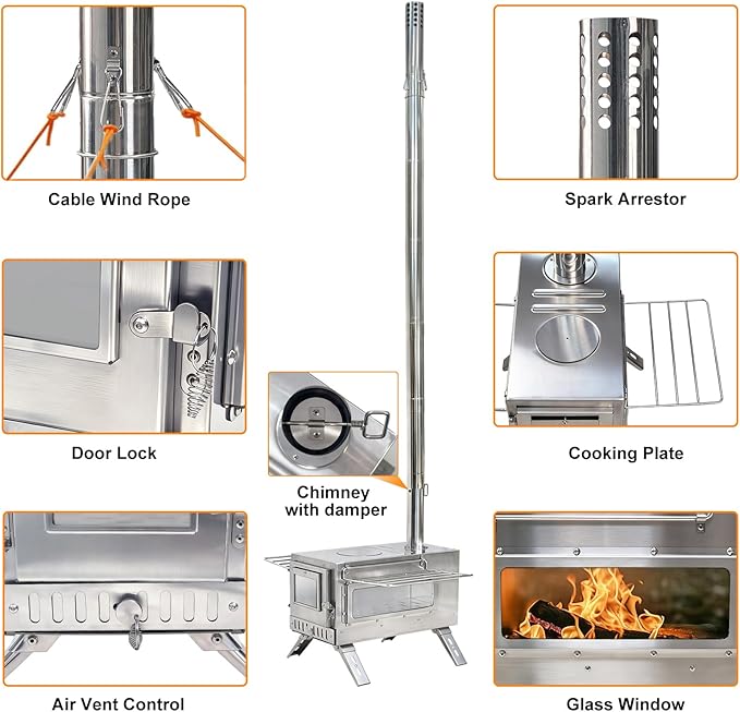 unho Outdoor Wood Burning Stove for Camping, Stainless Steel Chimney Pipe, Outdoor Heating & Cooking Hot Tent Stove