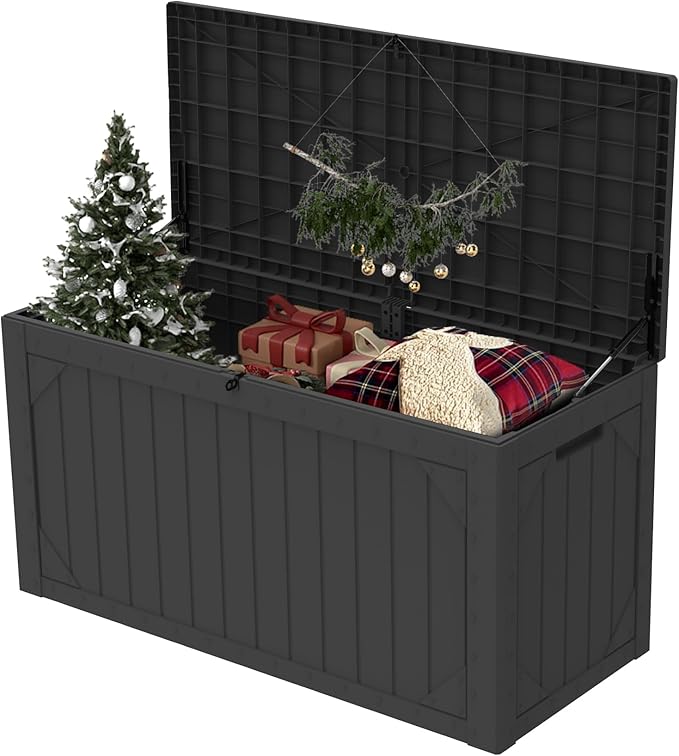100 Gallon Resin Deck Box, Waterproof Outdoor Storage Box for Patio Furniture Cushions, Garden Tools, and Pool Accessories, Large Lockable UV-Resistant Storage Bin Bench Cabinet for Outside, Black