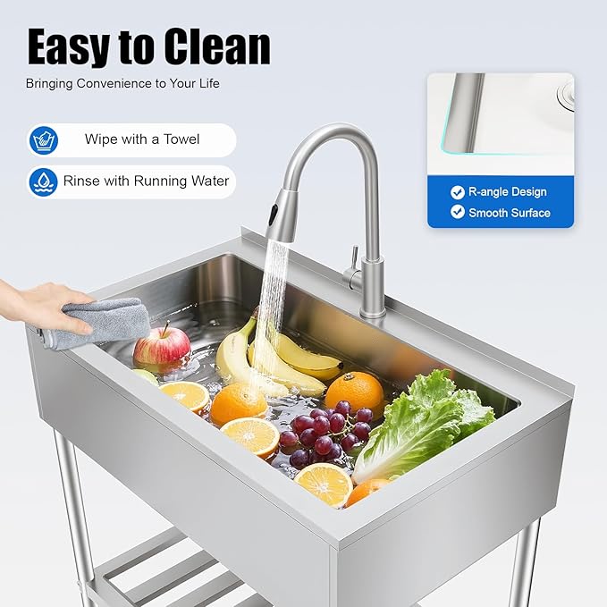 Stainless Steel Laundry Sink with Large Wash Stand, Free Standing Single Bowl Kitchen Sink with Pull Faucet, Utility Sink for Laundry Room Bathroom Farmhouse (36x22x34in)