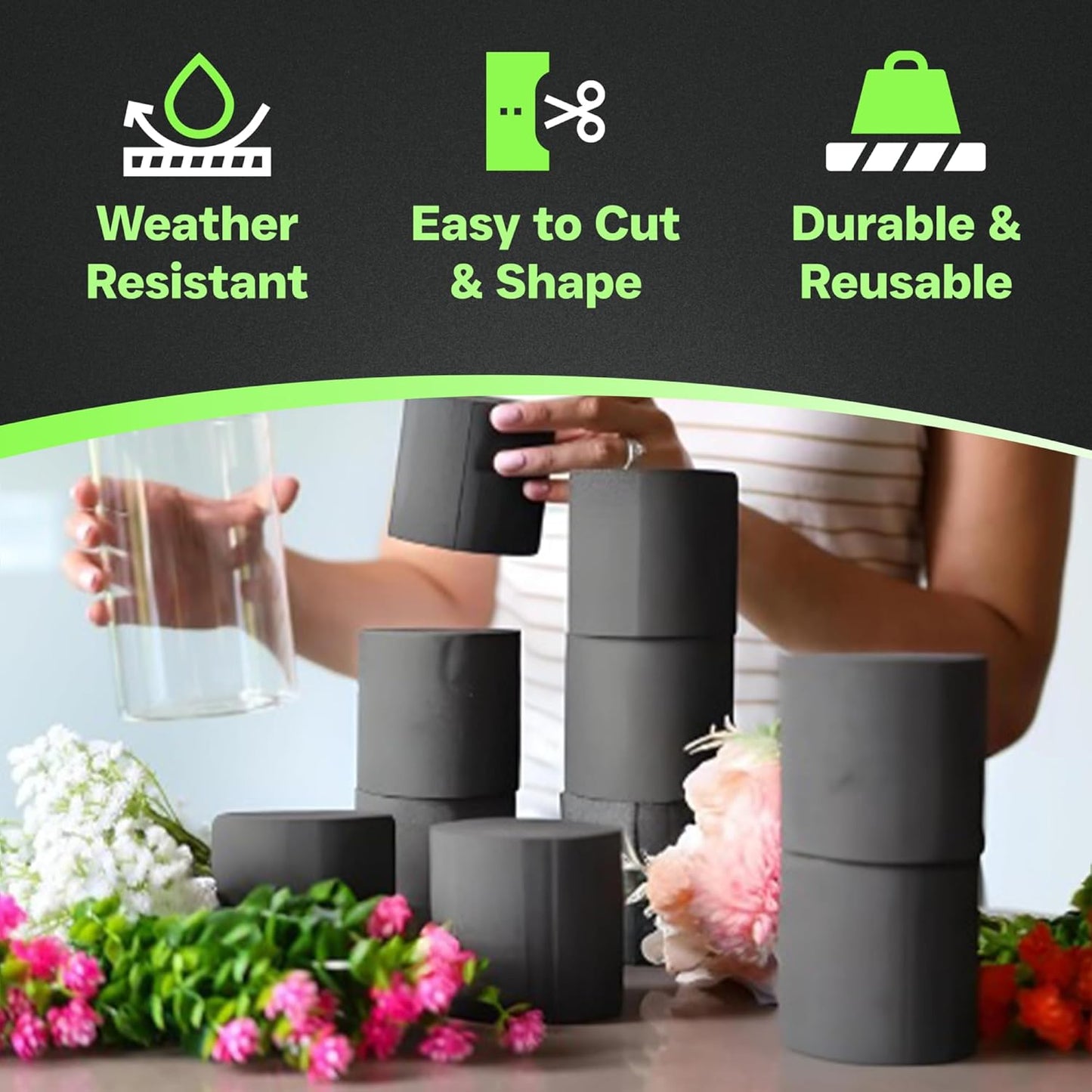 XCEL Floral Foam Blocks - Reusable, Weather Resistant Foam - Perfect for Fresh & Artificial Flower Arrangements, Crafts, Planter Boxes, Home Decor & More - 10-Pk, Gray (3” x 3”, Round)